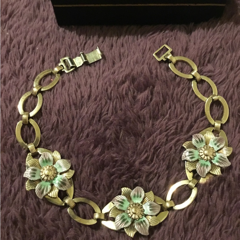 Antique 925 & 14K Flower Link Enamel Bracelet -